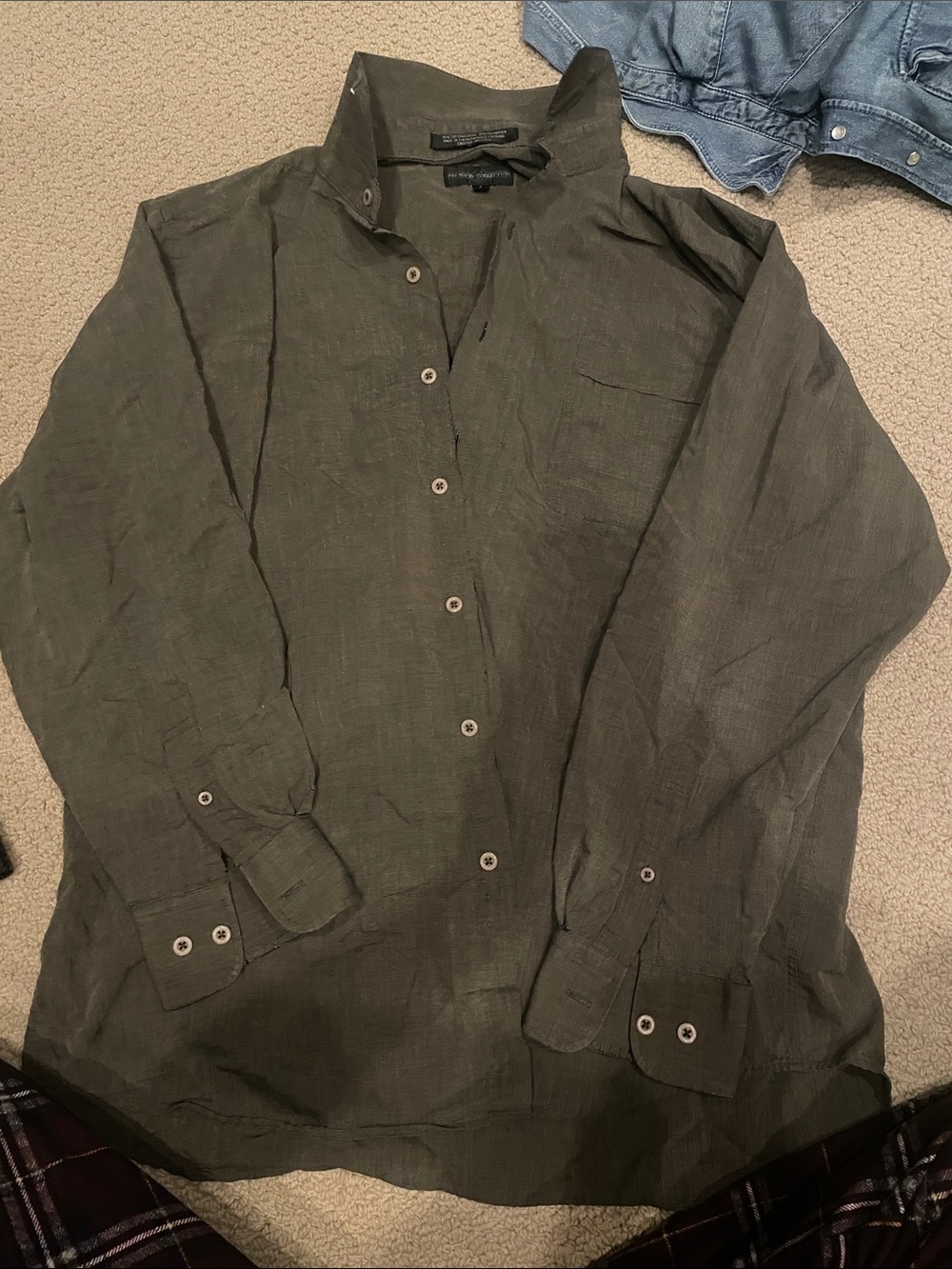 Men's Olive Green Linen-Blend Button-Down Shirt